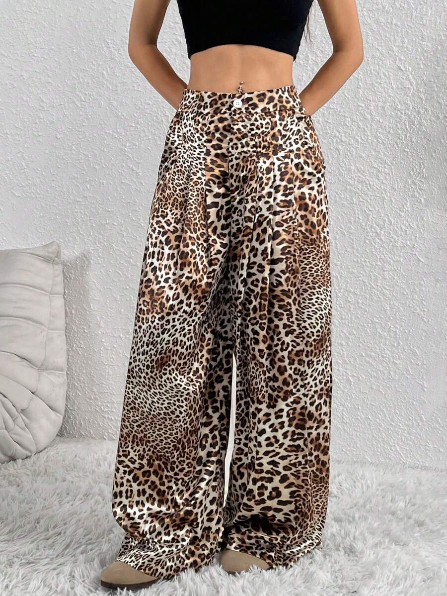SHEIN Unity Women's Leopard Print Wide Leg Loose Pleated Casual Pants Fall Cloth For Women - Multicolor - View 1