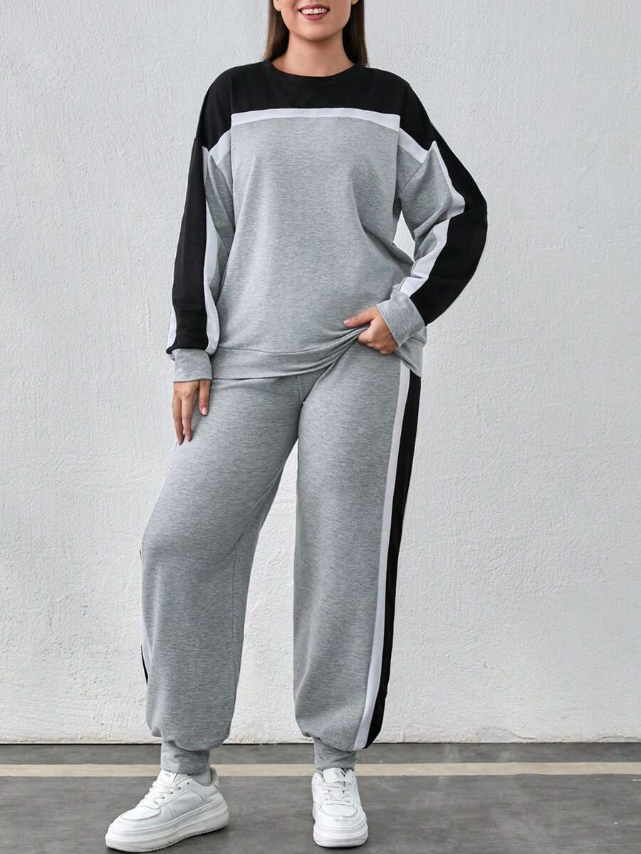 EURMUSE Cotton Plus Size Colorblock Detail Sweatshirt + Sweatpants Set - Grey - View 1