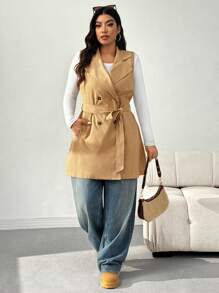 SHEIN EZwear 大码纯色双排扣无袖风衣，初秋 - 卡其色 - 查看 5