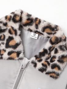 Tween Girl 豹纹翻领字母印花长袖宽松休闲夹克，秋冬 - 彩色 - 查看 3