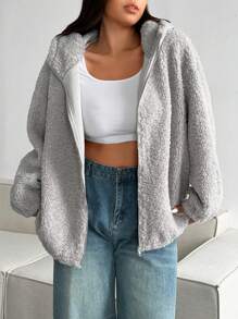 Flirla Plus Size Solid Color Long Sleeve Minimalist Hooded Jacket, Casual Everyday Wear - Grey - View 5