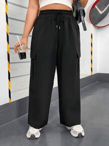 Flirla Plus Size Back-To-School Black Cargo Pants, Straight Leg, Elastic Waist With Drawstring - Black - View 4