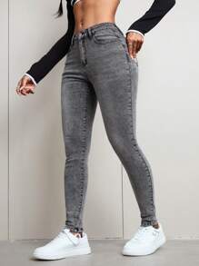SHEIN ICON Simple Front Buttoned Pocket Denim Casual Pants - Grey - View 6