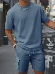 Manfinity Homme 2pcs Men's Solid Color Crew Neck Short Sleeve Casual T-Shirt And Drawstring Waist Cargo Shorts Set - Dusty Blue - View 1