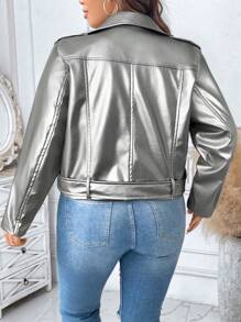 Calvaya Áo khoác ngắn cổ đứng tráng bạc cỡ lớn thời trang xuân thu cho nữ, mùa đông - Bạc - Xem 2