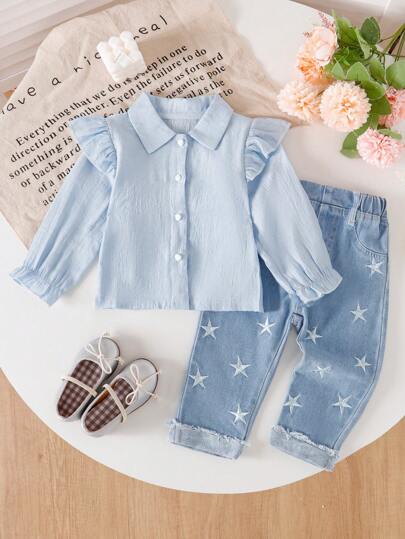 SHEIN 女婴秋季新款星星刺绣衬衫和牛仔裤套装