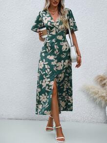 SHEIN LUNE 女士 V 领短袖全身印花开衩优雅优雅中长连衣裙长款女装 - 彩色 - 查看 4