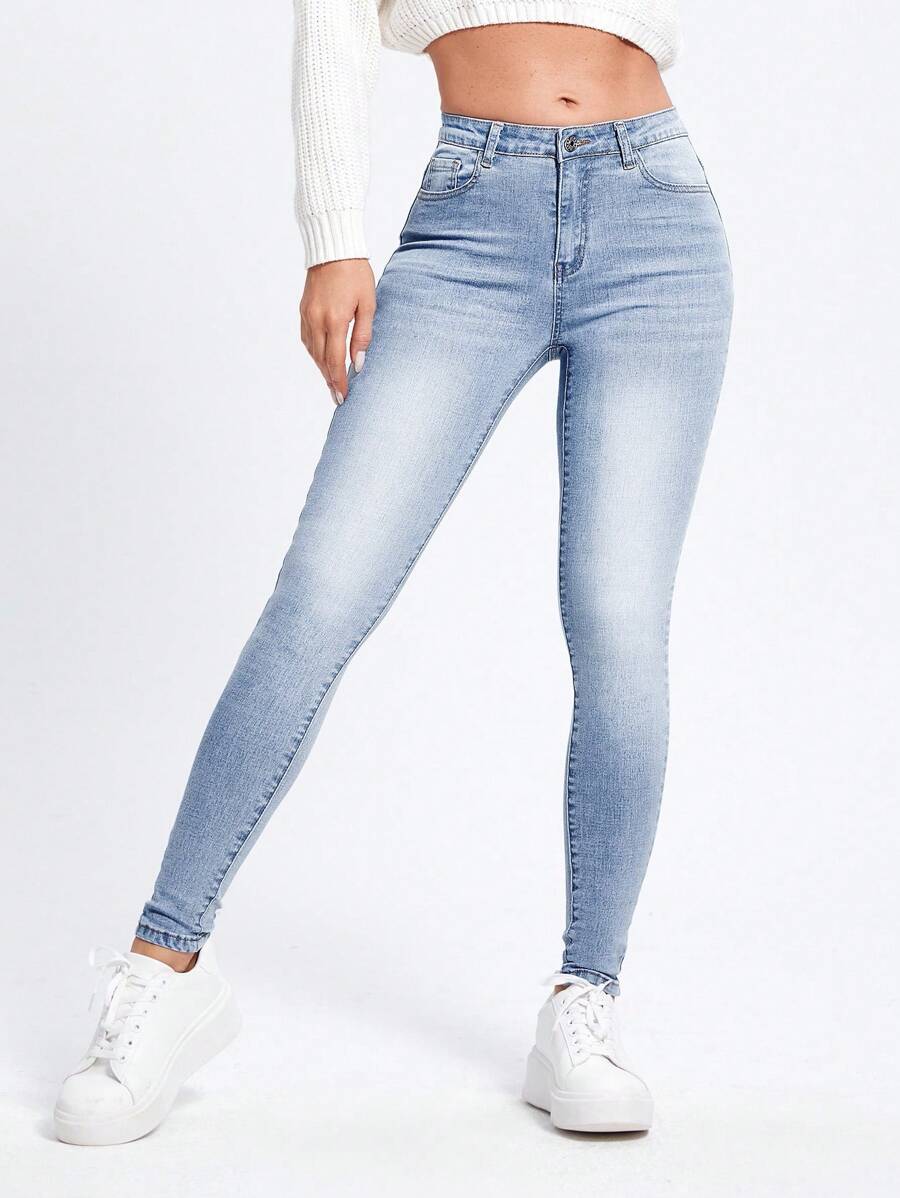 SHEIN Essnce 斜口袋緊身牛仔褲 - 淺色水洗藍 - 查看 1