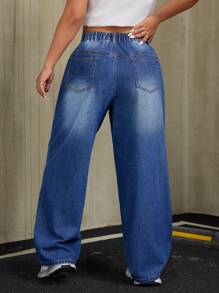 SHEIN ICON 大码休闲交叉破洞直筒牛仔裤 - 藍色 - 查看 2