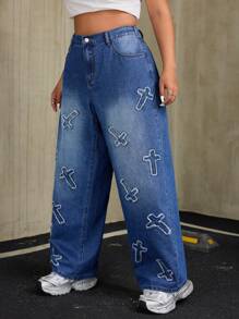 SHEIN ICON 大码休闲交叉破洞直筒牛仔裤 - 藍色 - 查看 3