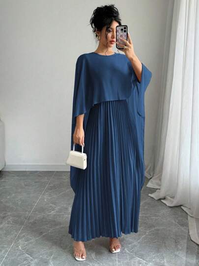 Rafferiza 女士纯色圆领蝙蝠袖优雅迷人褶皱宽松连衣裙长款女装