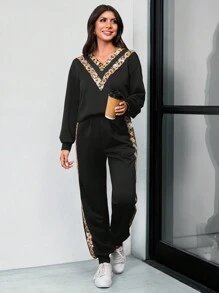 SHEIN LUNE Women Casual Leopard Contrast Color Sequin Oversized Sweatshirt And Sports Pants