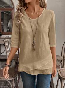 EMERY ROSE Fall Women Clothes Crew Neck Long Sleeve Floral All-Over Print Casual Top - Khaki - View 3