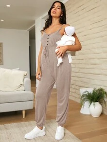 SHEIN 孕妇休闲连体衣 哺乳、孕妇装 - 卡其色 - 查看 4