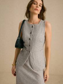 Poéselle 2 件女士单排扣背心和长款中长裙优雅办公室套装，粗花呢背心中长裙套装，优雅风格，轻松时尚必备，FW24 - 彩色 - 查看 5