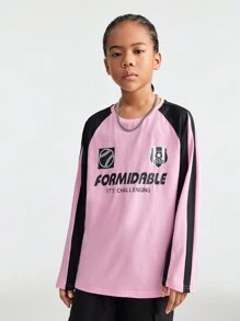 SHEIN Tween-Mädchen Herbst Athleisure Hot Pinks Preppy Streetwear Sportswear Blockcore Sport Oversized T Shirt - Verschiedenfarbig - Übersicht 1