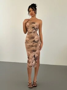 Chiquease 女士优雅无袖扎染印花长裙 - 杏色 - 查看 5