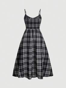 SHEIN MOD Plus Size Black Brushed Plaid Sleeveless Dress, For Summer - Black and White - View 2