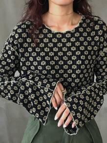 FRIFUL 女式花卉印花纹理喇叭袖长袖 T 恤，返校服装