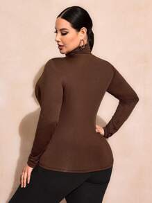 SHEIN SXY Plus Size Solid Color Slim Fit High-Necked Long Sleeve All-Match T-Shirt Basic Tees Fall - Brown - View 3
