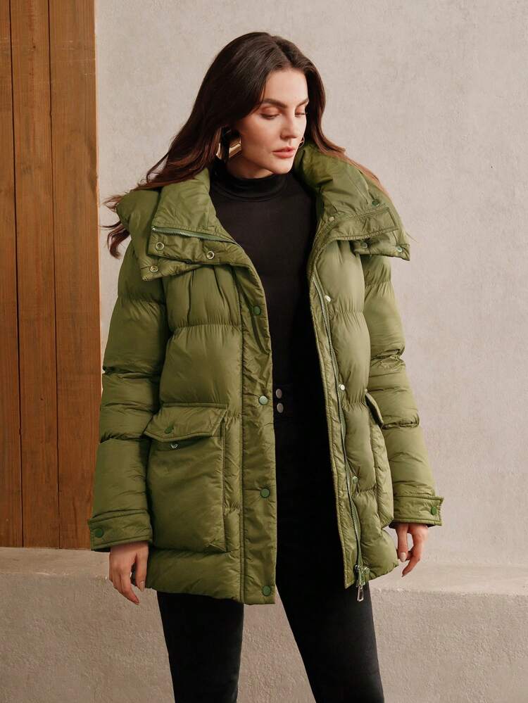 Women Solid Color Hooded Padded Coat, Windproof And Warm For Outdoor Winter