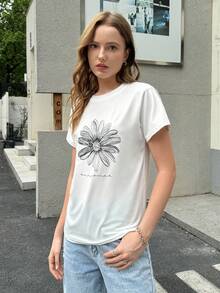 Women Floral Letter Printed Short Sleeve T-Shirt For Summer - White - View 9