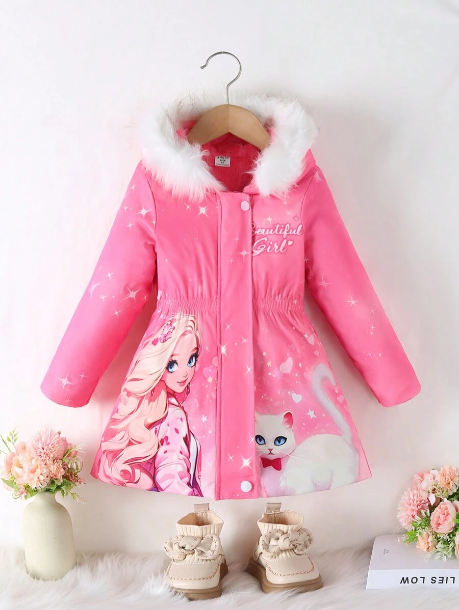 SHEIN 年轻女孩休闲连帽毛绒插肩袖收腰印花羊毛夹克，冬季 - 粉色 - 查看 1