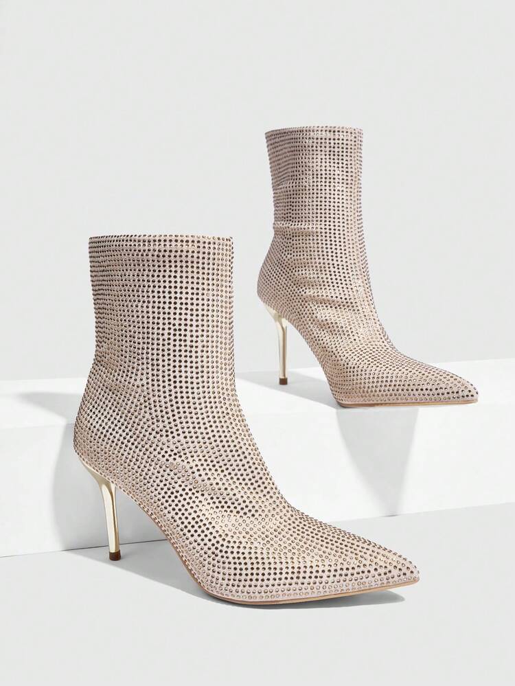CUCCOO SZL Bota curta de salto fino, em cor dourado claro, com ponta afinada, decorada com strass, adequada para uso diário, encontros, festas, Halloween, outono e férias de Natal e Ano Novo