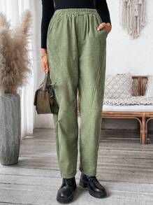 SHEIN LUNE Women's Elastic Waist Thermal Lined Pockets Splitting Design Trousers