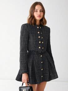 Enchnt Spring/Summer Romantic Women's Black Plaid Fashionable Metal Buttons Decor Long Sleeve Fringe Casual Tweed Jacket,Sweet&Elegant Outfit For Party And Sweet Date Night &Holiday & Graduation Dress&Daily Commuting&Vacation - Black - View 4