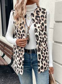 EMERY ROSE Women Leopard Print Open Front Casual Vest Jacket, Autumn & Winter - Multicolor - View 1