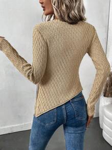 SHEIN LUNE 女士纯色侧开衩修身毛衣，秋冬款 - 卡其色 - 查看 2