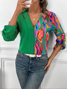 SHEIN Clasi Blouse longue manches à col châle avec bloc de couleurs à motif vague (imprimé aléatoire) pour femmes