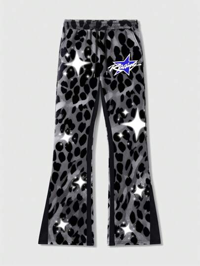 Street Life Pantalones de chándal con dobladillo acampanado de color de contraste con estampado de leopardo y parches, ropa urbana retro para hombre