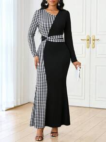 SHEIN Lady Váy dạ hội đen in họa tiết răng sói bốn mùa cho nữ công sở chuyên nghiệp màu đen và họa tiết hình học ôm eo - Nhiều màu - Xem 4