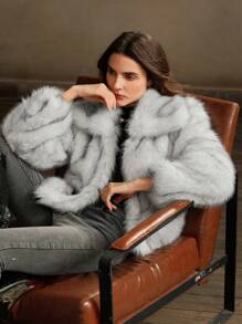 SHEIN X Lucía Bellido Anewsta Áo khoác nữ cổ điển dài mềm mại bồng bềnh Ombre - trắng - Xem 5