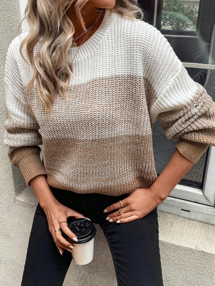 SHEIN LUNE Suéter informal de bloque de color, Parte superior de manga larga, Suéter de punto de otoño e invierno - Multicolor - Ver 1