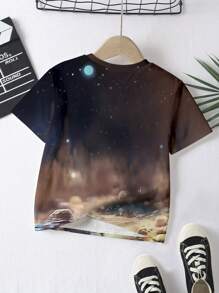 SHEIN 宇航员印花男宝宝夏季休闲简约卡通宇航员图案圆领短袖宽松T恤 - 彩色 - 查看 3