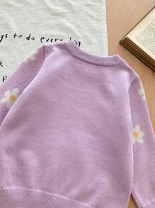 SHEIN LMoss Kids LMoss 女婴可爱百搭紫色花卉图案长袖毛衣，秋冬款 - 綠色 - 查看 6