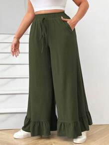 Calvaya Plus Size Vrouwen Effen Kleur Taille Strik Ruffle Zoom Losse Wijde Pijpen Broek