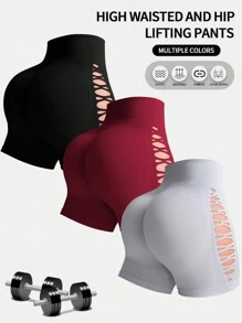 SHEIN Velisys 3pcs Seamless Solid Color Hollow Design Sports ShortsWomen Sweat Short, Gym Short, Biker Short