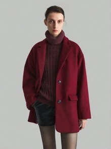 Ontre Spring 2025 New Angora Women Long Sleeve Loose Fit Black Button Decor Red Color Block Outerwear Jacket