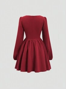 Sweetra Women's Spring Summer Solid Collared Lantern Sleeve Ruffle Hem Elegant A-Line Mini Dress - Burgundy - View 2