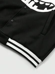 PAVTROS 男士前扣开合长袖休闲图案印花夹克，男士夹克，秋冬男士，冬季男士夹克，男友礼物，有趣的黑色外出图案长袖棒球夹克 - 黑色 - 查看 4