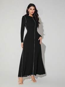 Veilorie Women's Long Sleeve Round Neck Elegant Extra Long Dress, Spring/Summer Modest
