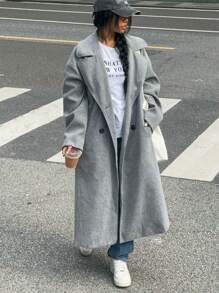 SHEIN EZwear 女士纯色长袖休闲双排扣翻领羊毛大衣，秋冬 - 灰色 - 查看 1