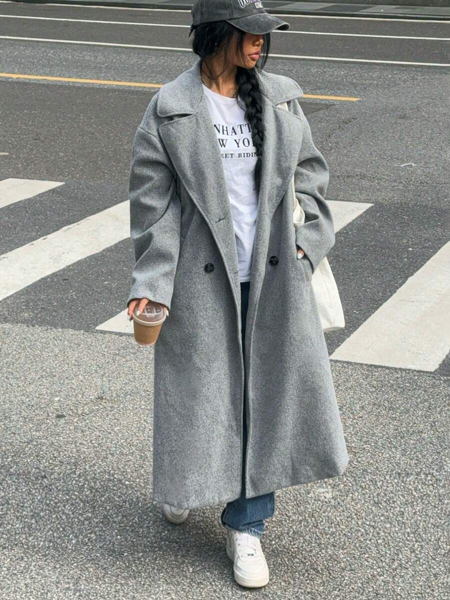 SHEIN EZwear 女士纯色长袖休闲双排扣翻领羊毛大衣，秋冬 - 灰色 - 查看 1