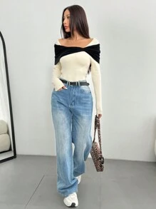 Chiquease Suéter elegante ajustado para mujer de cuello redondo con moño negro