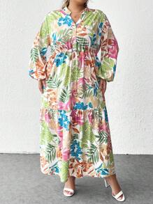 SHEIN CURVE+ 曲线加大码花卉印花灯笼袖连衣裙 - 彩色 - 查看 6