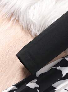 SHEIN Tween Girl Floral Print Round Neck Long Sleeve Ruched Hem Casual Dress - Black and White - View 3